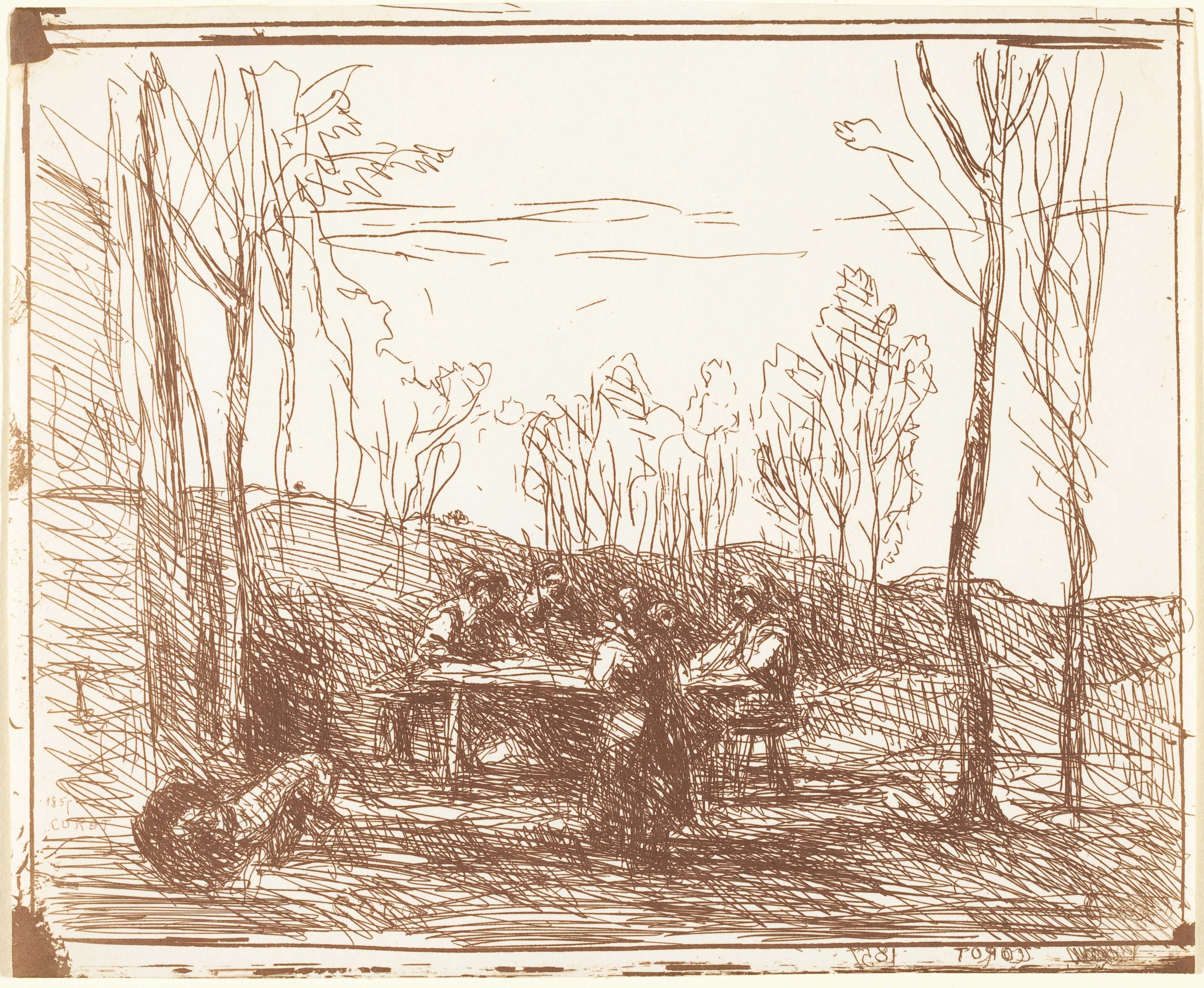 A sepia-toned sketch depicting a scene of people gathered around a table in a landscape.