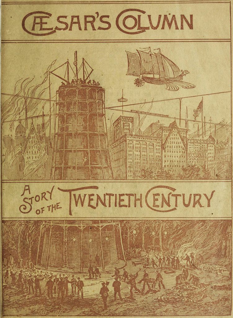 Vintage illustration of a futuristic cityscape with a massive column under construction and airships in the sky.