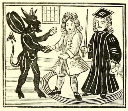 A black and white woodcut illustration depicting a devil shaking hands with a man, while another man stands nearby with a sword.