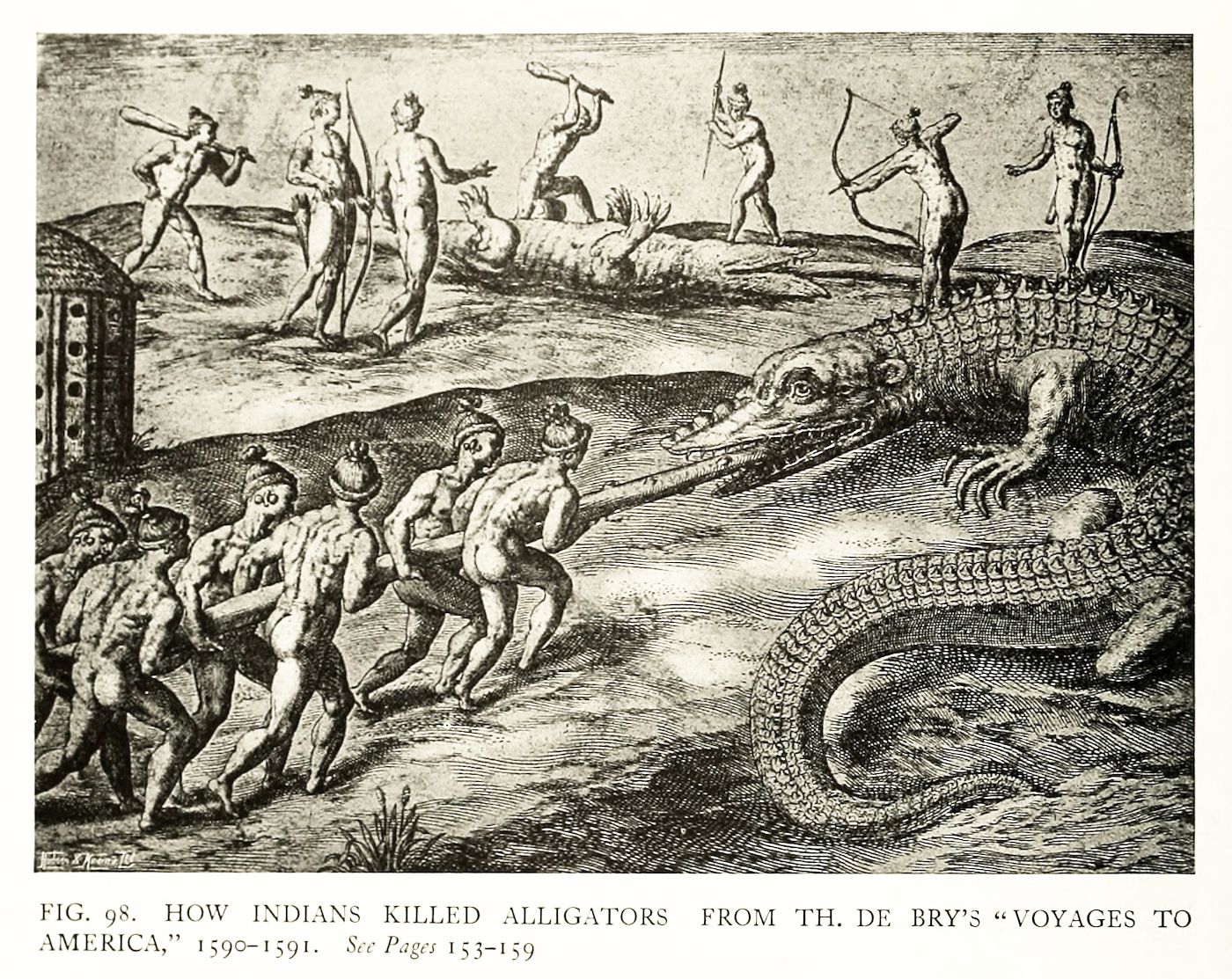 A black and white woodcut illustration depicting a group of Indigenous people hunting an alligator.