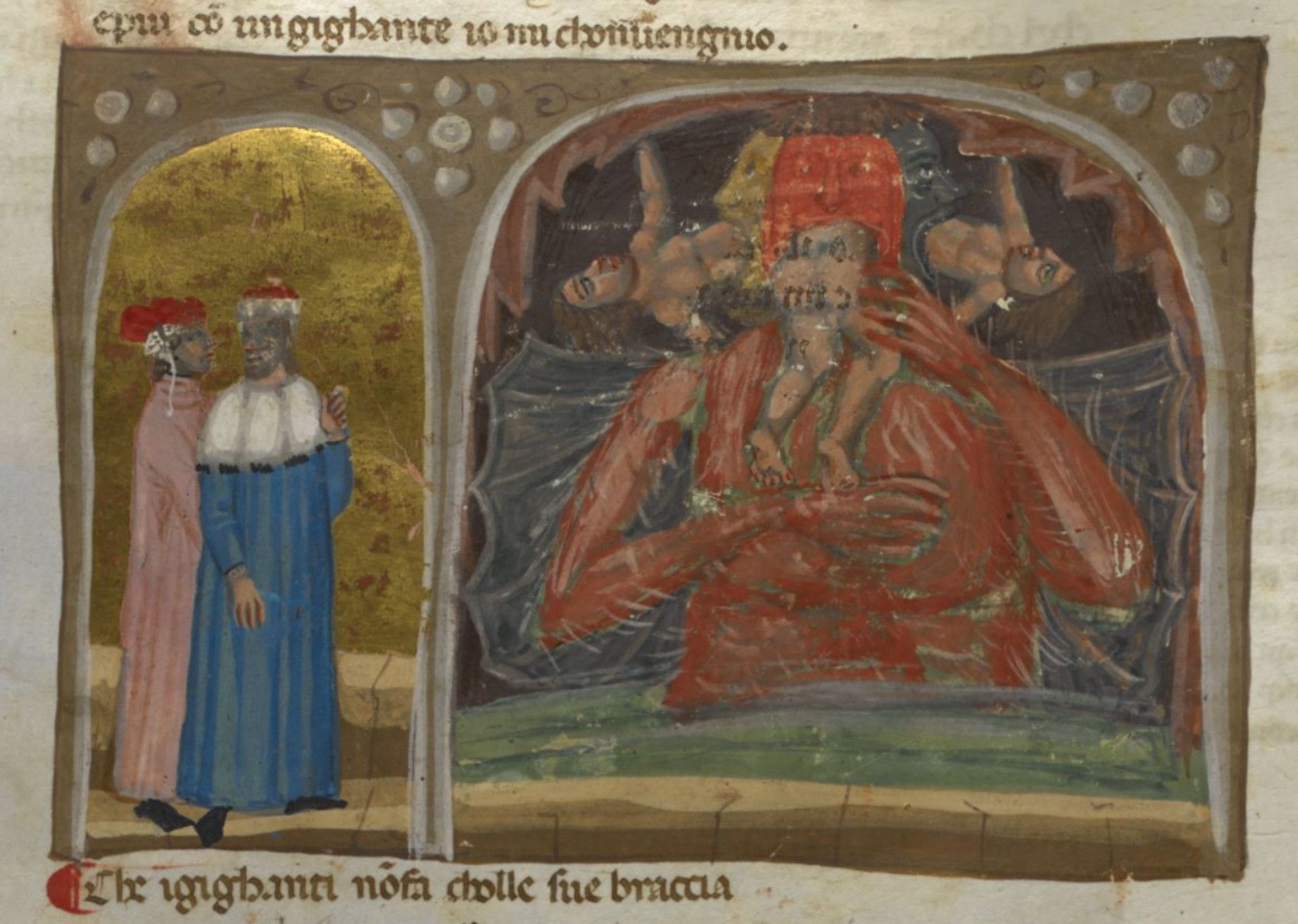 Medieval manuscript illumination depicting a burning scene with two observers.
