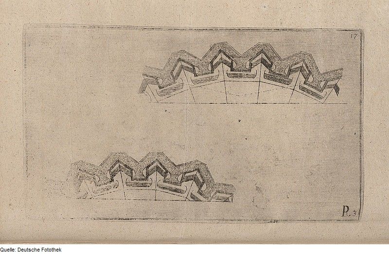 Sepia-toned drawing of a repeating geometric pattern resembling stylized teeth or waves, with the inscription 'R.3' in the bottom right corner.