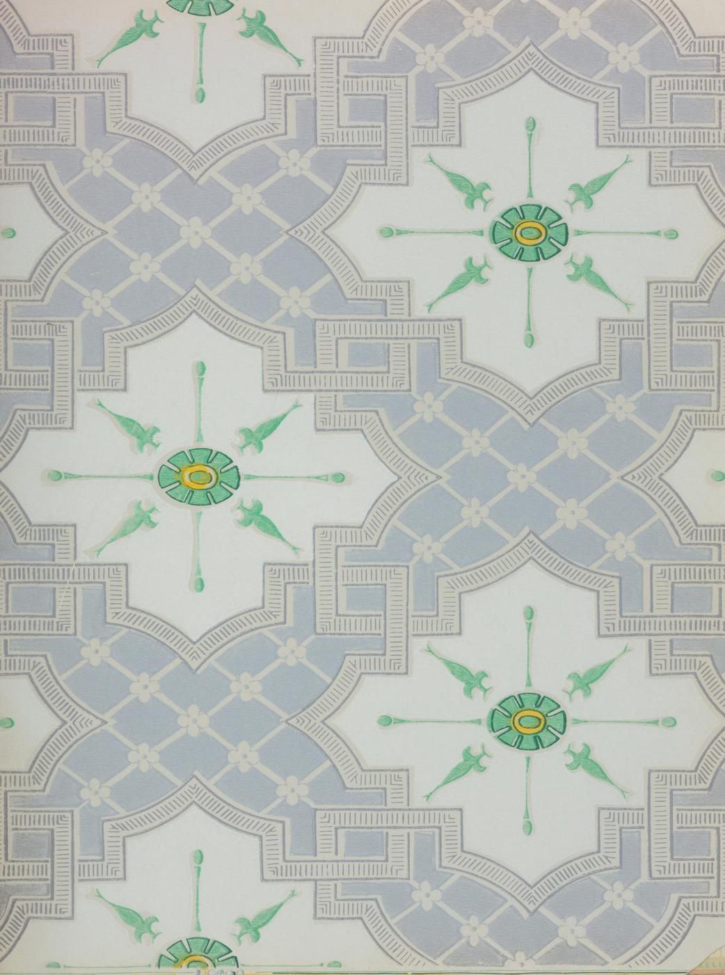 Close-up of a vintage wallpaper pattern featuring a repeating geometric design in blue-gray with stylized green floral motifs.