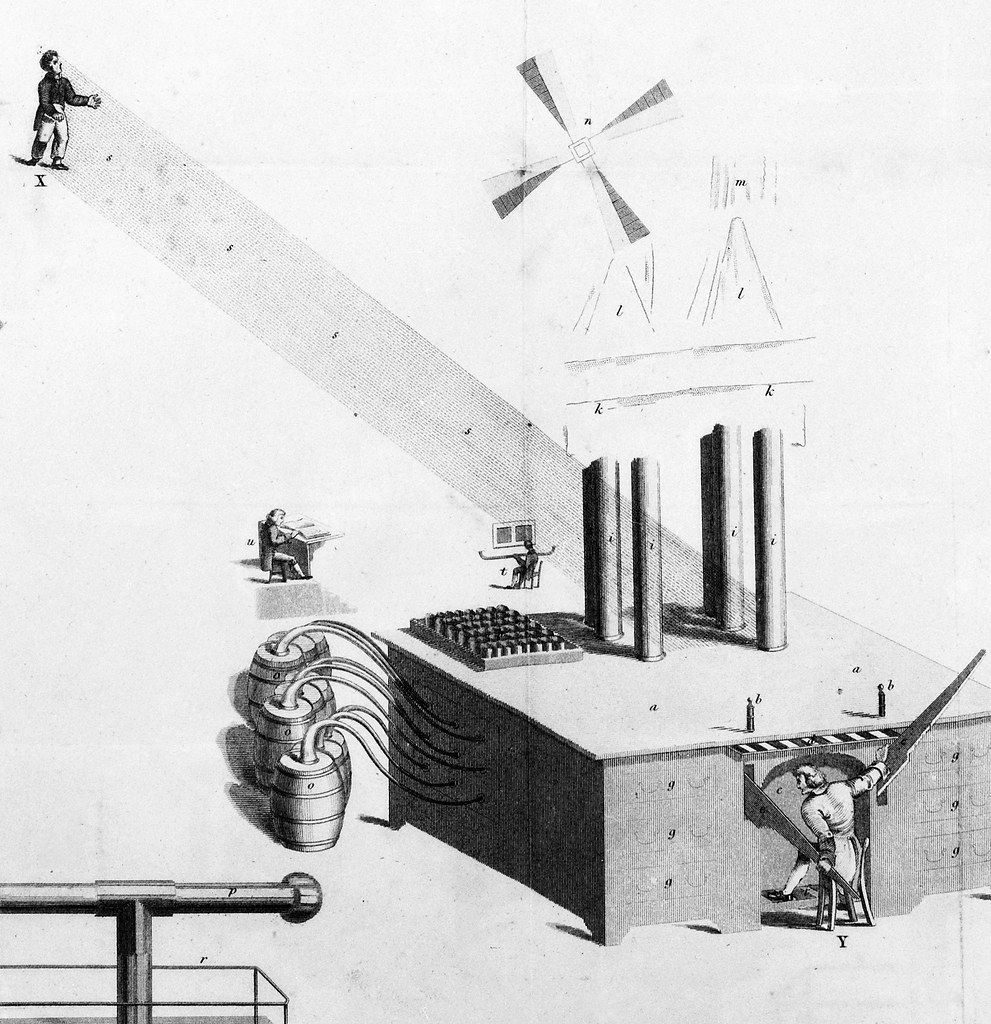 Detailed black and white engraving of a complex mechanical system with a wind vane, columns, barrels, pipes, and a subterranean tunnel.