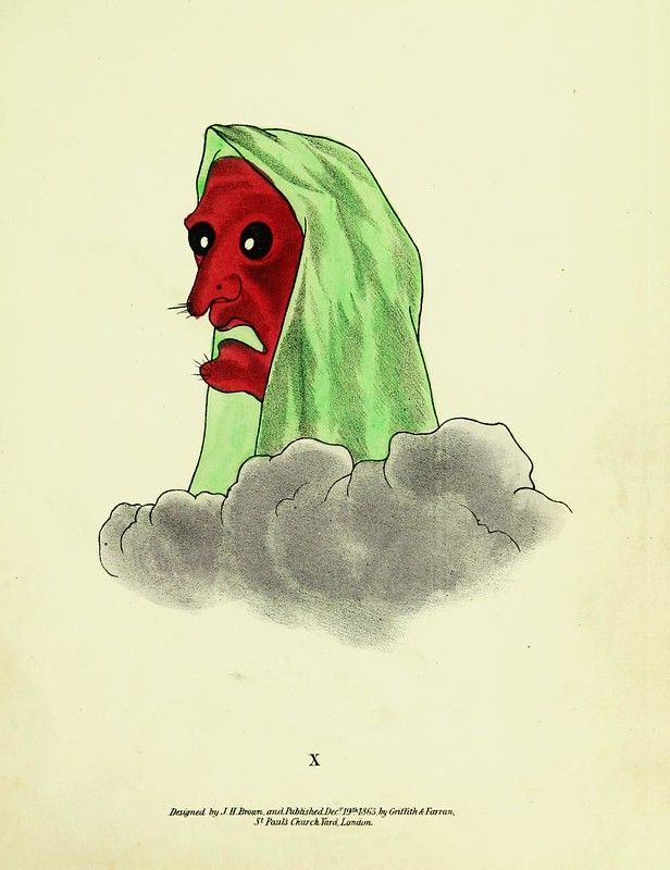 A vintage illustration of a red head with large eyes, draped in a pale green veil, emerging from a swirling mass of dark gray clouds. The illustration is reminiscent of early 19th-century caricature or political cartooning.