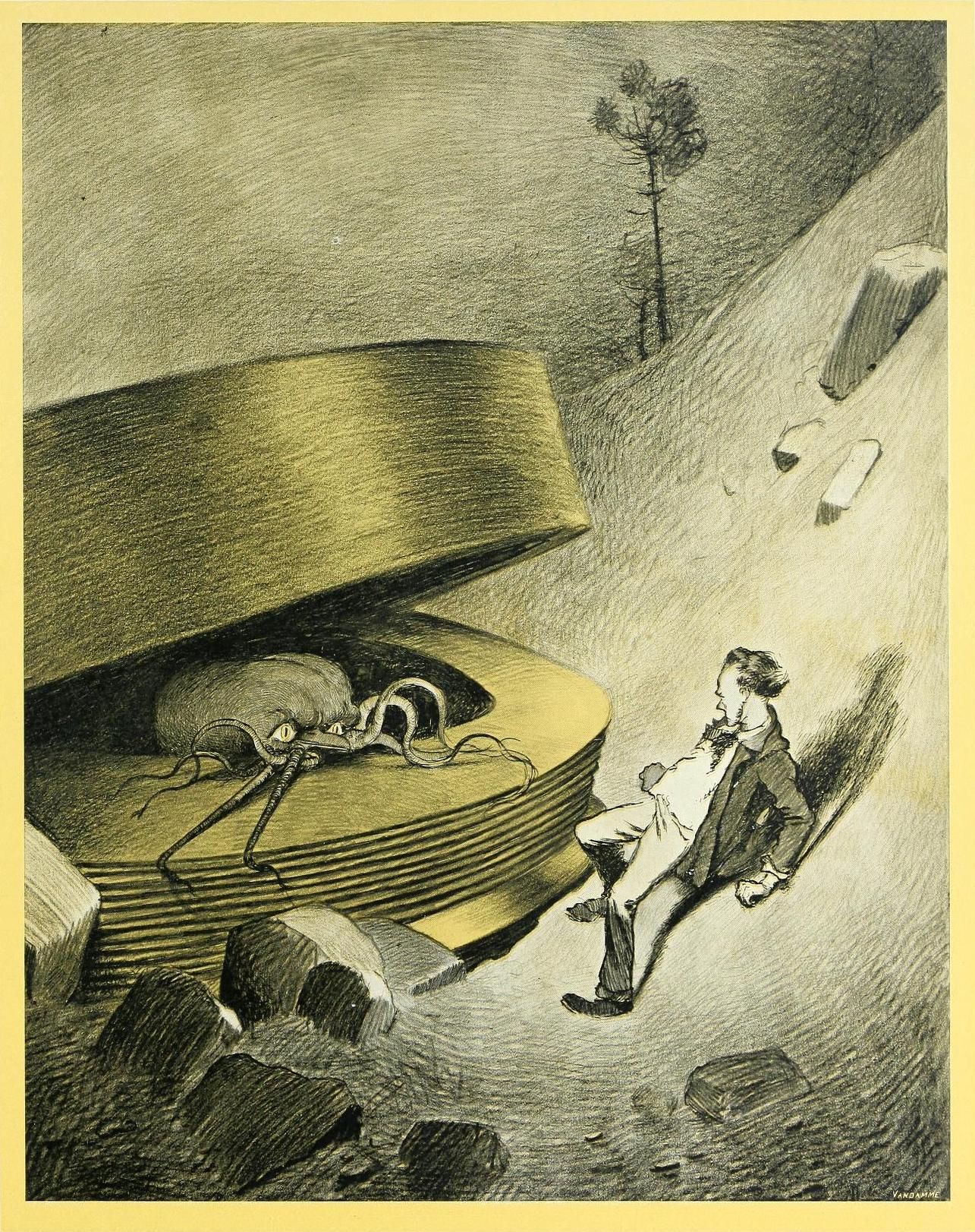 A vintage illustration depicting a man carrying a woman away from a giant, monstrous insect emerging from a hole in the ground.