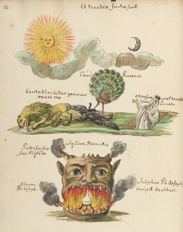A detailed, colorful illustration from an alchemical text. The image is divided into two main sections, with a series of symbolic images arranged above and a large, grotesque face dominating the lower portion.