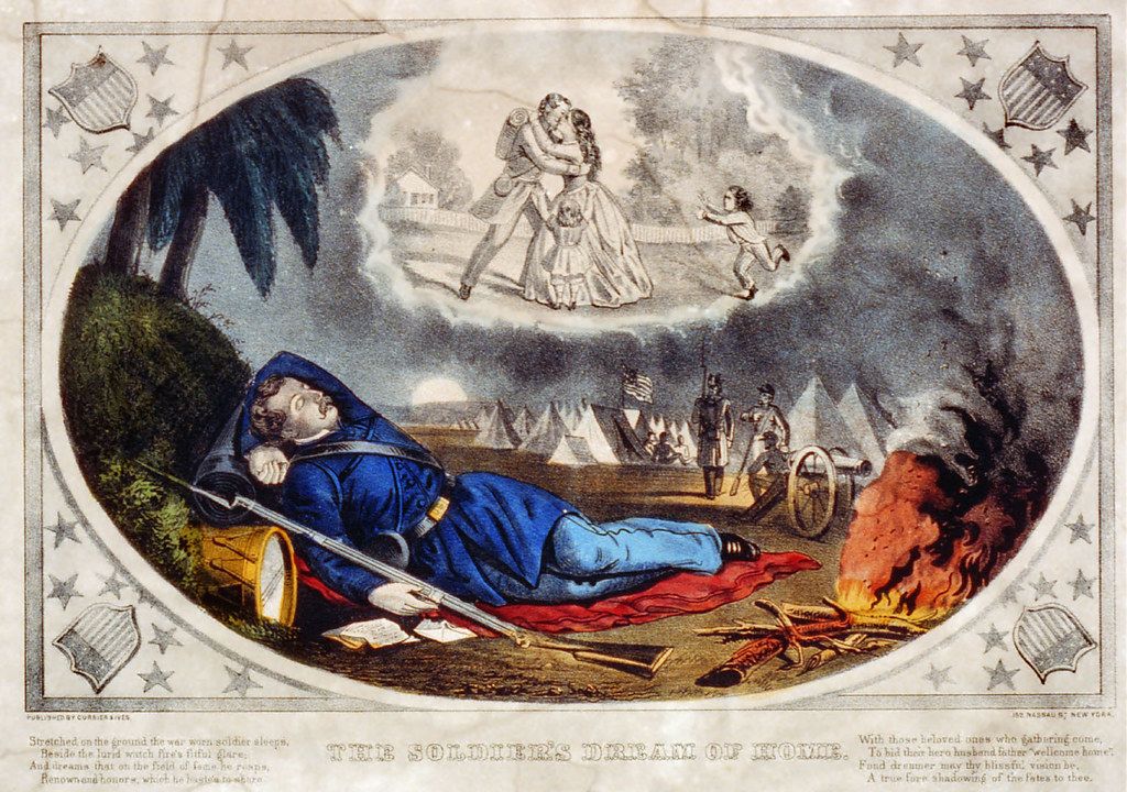 A lithograph titled 'The Soldier's Dream of Home' depicting a Civil War soldier asleep on a battlefield, dreaming of his family.