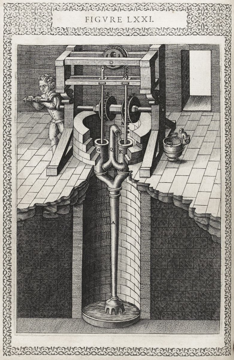 A detailed black and white engraving of a complex water-lifting machine over a deep well, with figures operating the machine and carrying a bucket.