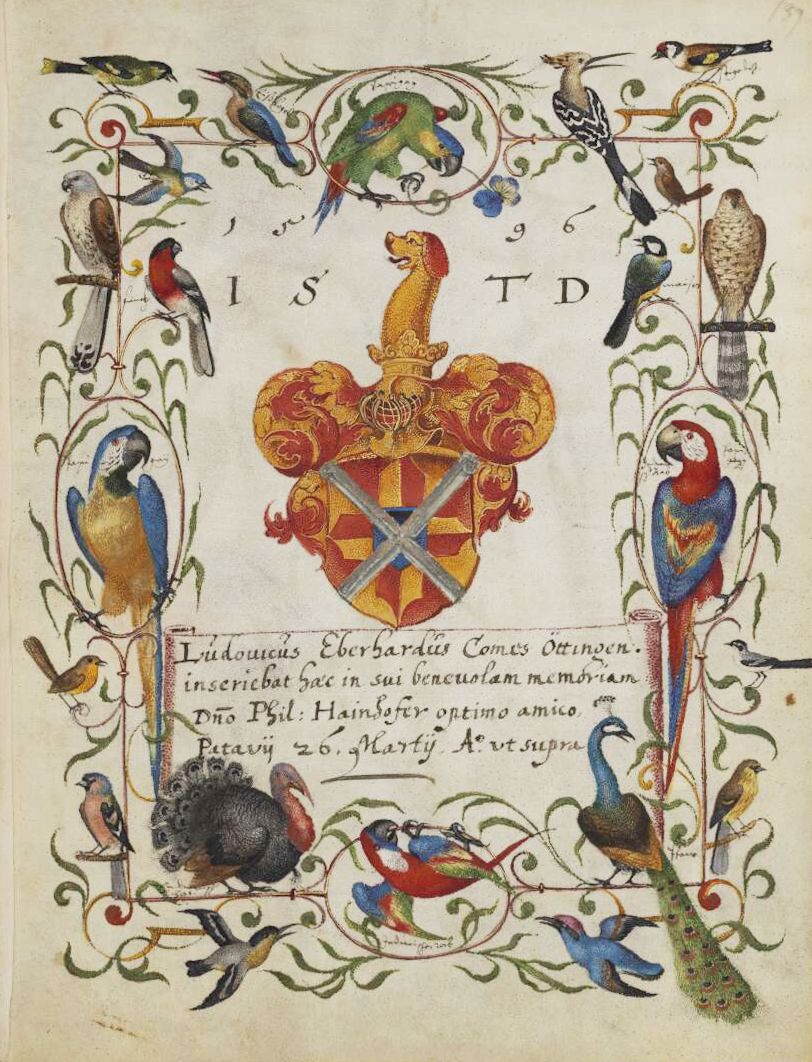 An ornate illustration of a coat of arms surrounded by birds and floral patterns.