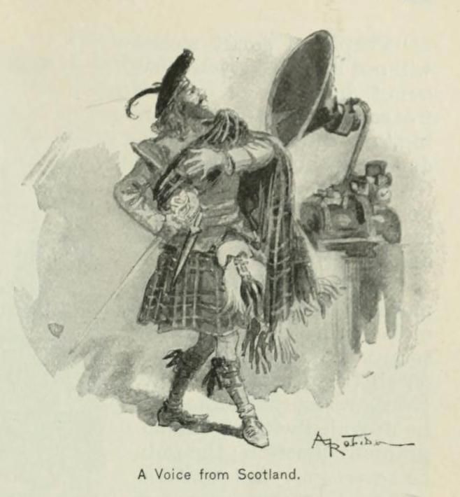 A black and white illustration of a man in a kilt shouting into a megaphone, with a crowd in the background. The caption reads 'A Voice from Scotland.'