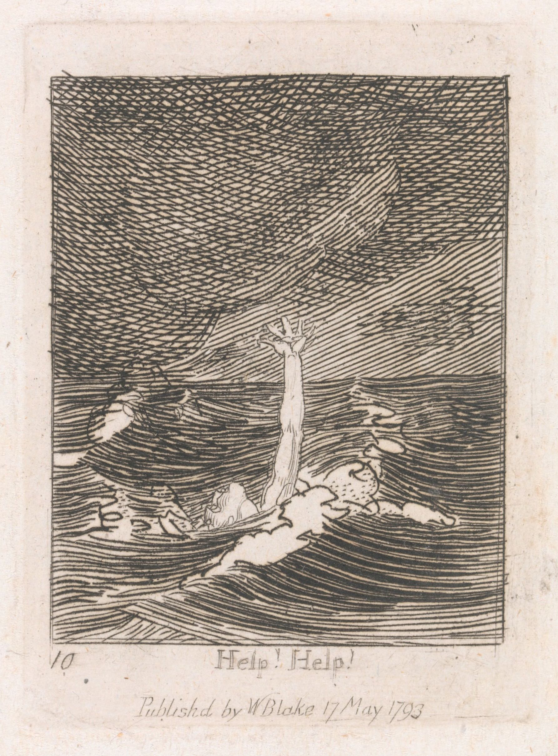 A black and white engraving by William Blake, dated May 1793, depicting a small island with a tree being battered by turbulent waves. A figure struggles in the water, and the text “Help! Help!” is inscribed below the image.