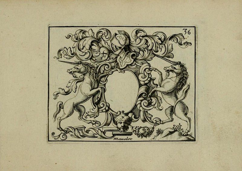 A detailed black and white engraving featuring a central cartouche flanked by two unicorns and surrounded by elaborate scrollwork. The number '36' is in the upper right corner, and the word 'Mauelot' is inscribed at the bottom.
