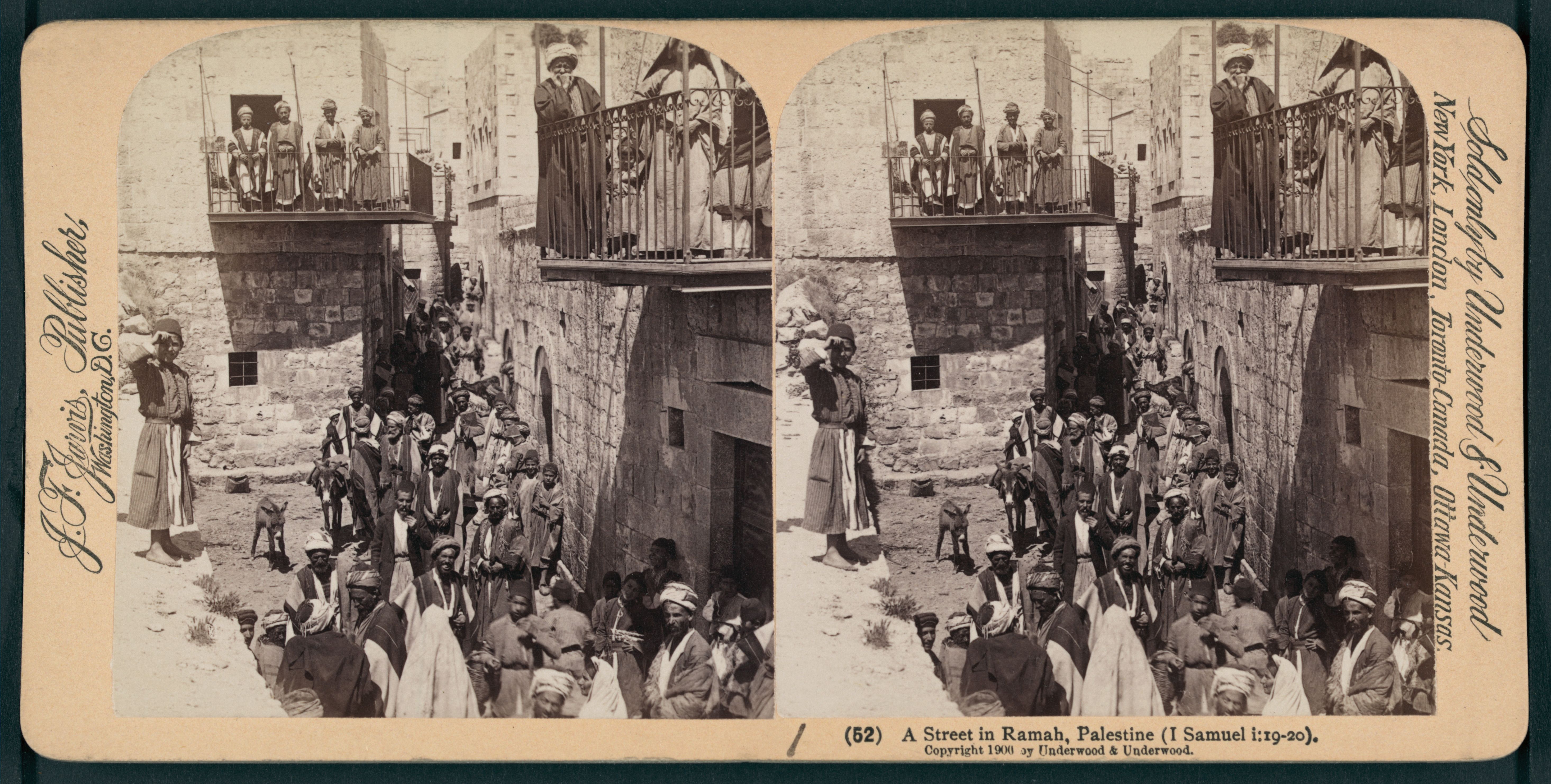 Stereoscopic card of a street in Ramah, Palestine, circa 1860, showing a crowded street with stone buildings and people in traditional clothing.