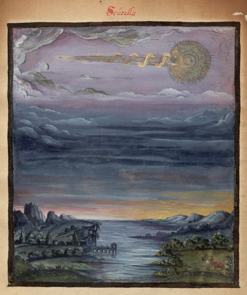 A vintage painting depicting a landscape with a body of water, mountains, and a dramatic sky with a bright sun. The word 'Scütella' is written at the top.