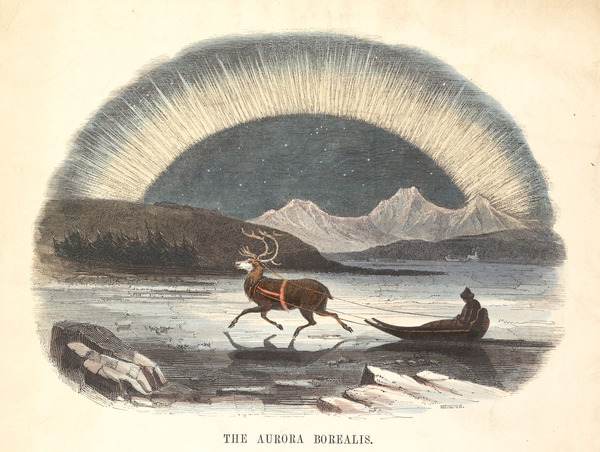 Vintage engraving of a reindeer pulling a sled under the Aurora Borealis, with snow-covered mountains in the background.