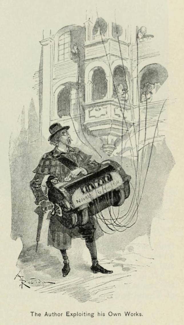 A vintage black and white illustration of a man carrying a large box labeled with text on his back, with strings extending from it. He is standing in front of a grand building. The caption reads: 'The Author Exploiting his Own Works.'