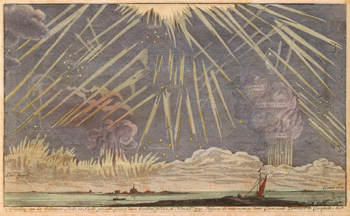 A detailed historical engraving depicting a spectacular celestial event, likely a comet or a meteor shower, as observed over a coastal city.