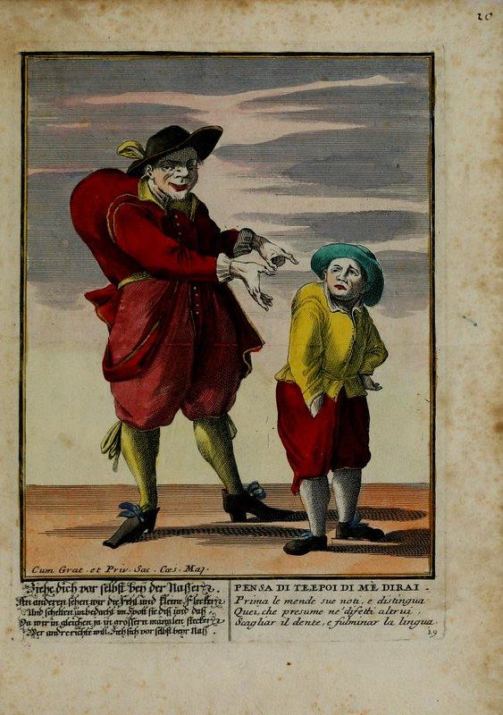 A hand-colored engraving of two men in 18th-century attire, with text in German and Italian below.