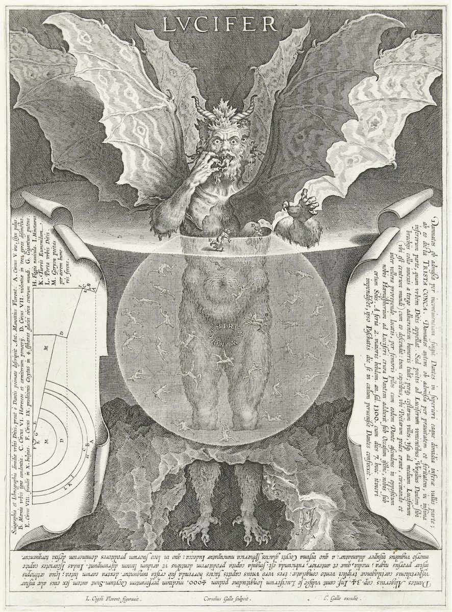 A detailed black and white engraving titled 'LVCIFER' depicting Lucifer as a muscular, winged angel within a sphere, accompanied by a complex diagram and dense text.