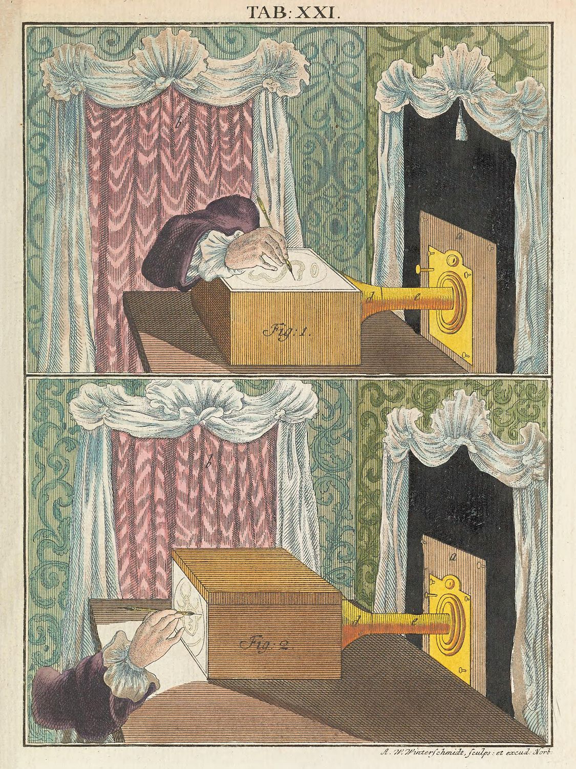 A hand-colored engraving depicting two scenes related to a camera obscura. The top scene shows a person tracing an image projected onto paper inside a box, while the bottom scene shows a hand holding paper to capture the projected image.