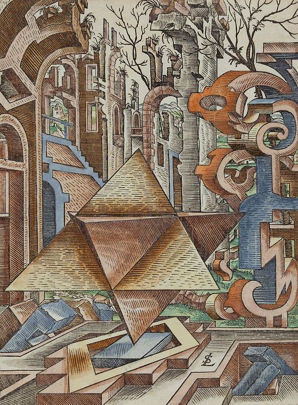 A detailed illustration of a complex architectural landscape with interconnected pyramids, buildings, and trees, reminiscent of M.C. Escher's work.