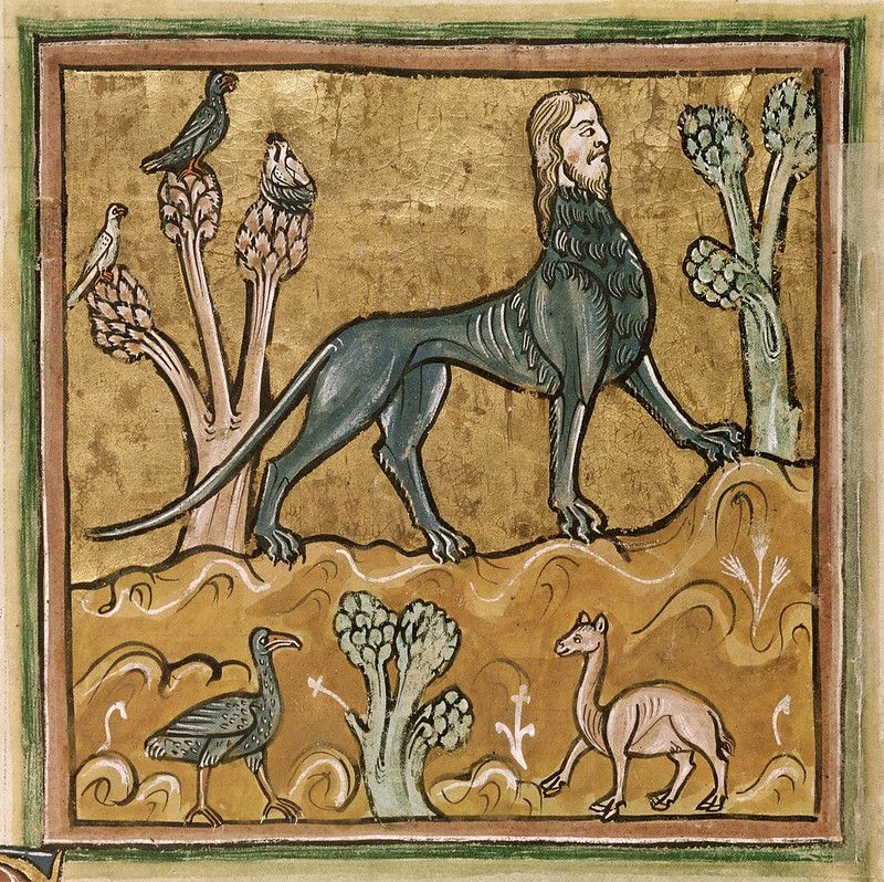 Medieval illustration of a lion with a human head, surrounded by birds, a deer, and stylized trees.