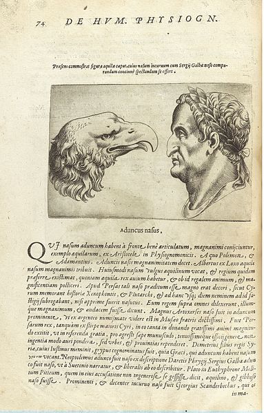 An old book page with a detailed illustration of a composite portrait featuring an eagle's head transitioning into a man's head, accompanied by text in a historical typeface.