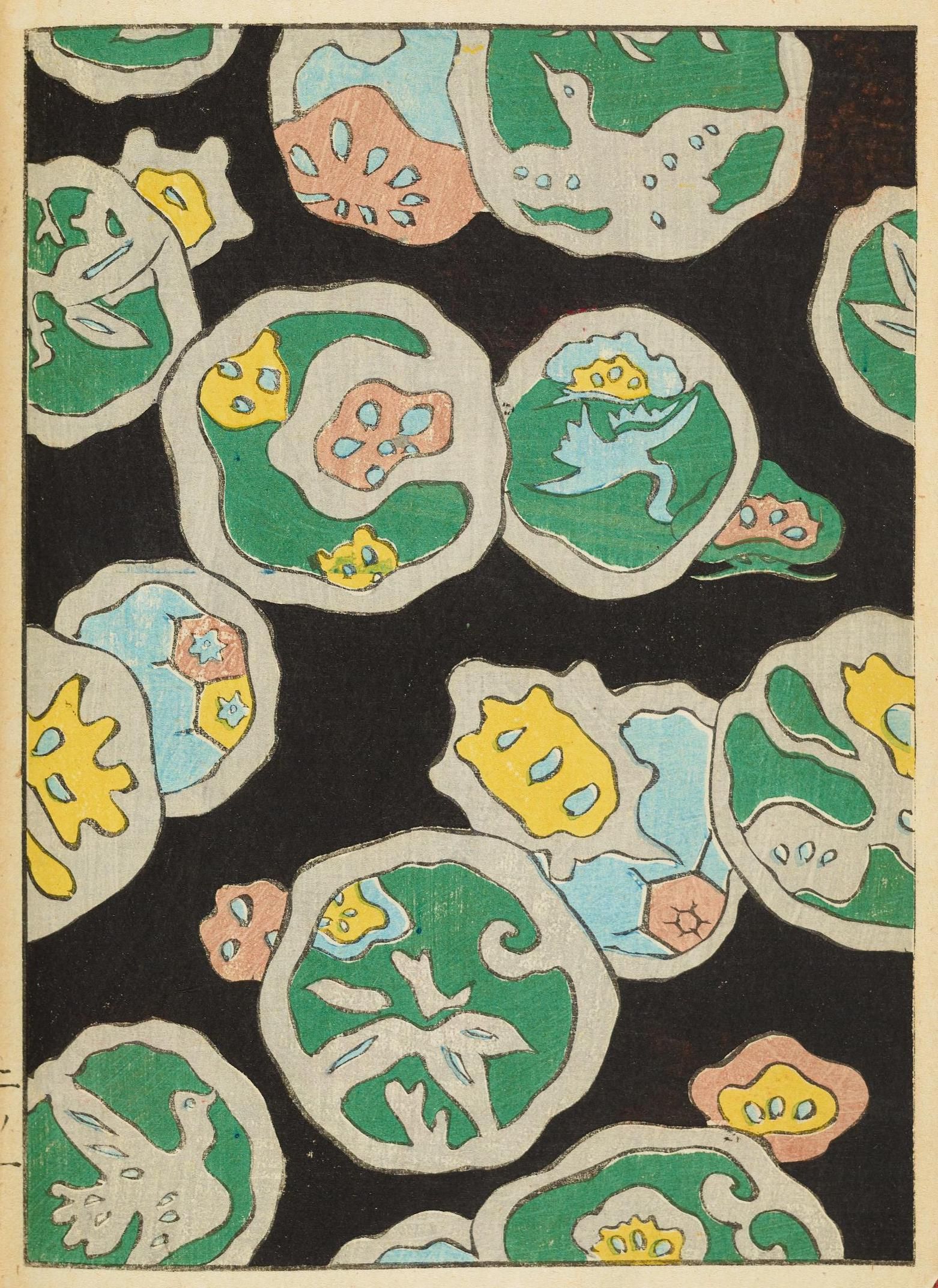 A repeating pattern of circular designs with floral motifs in shades of green, yellow, blue, and pink against a black background.