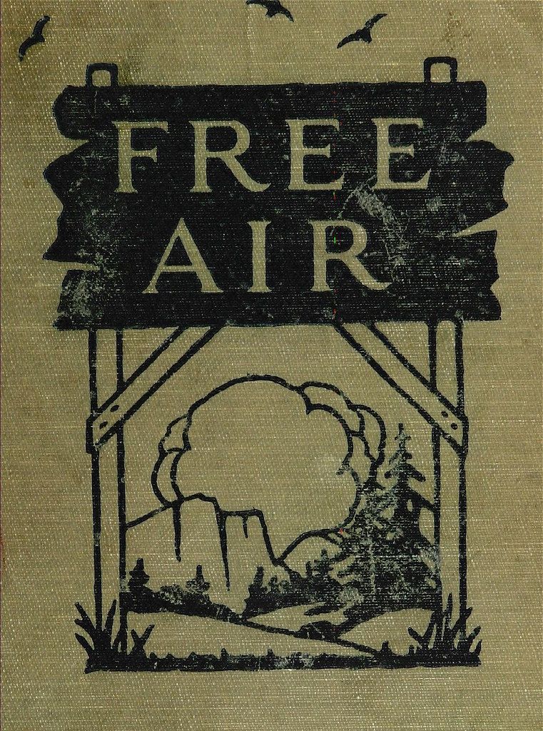 Vintage illustration of a sign that says "FREE AIR" above a small house with birds flying above.
