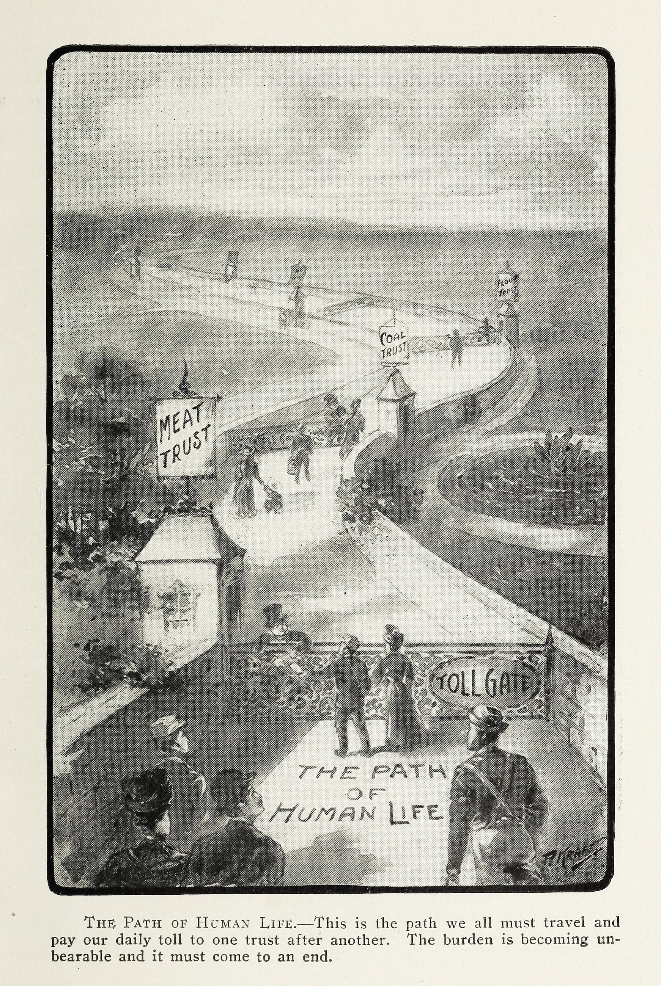 A black and white illustration titled 'The Path of Human Life' depicting a winding path with a toll gate and signs labeled 'MEAT TRUST' and 'COAL TRUST'.