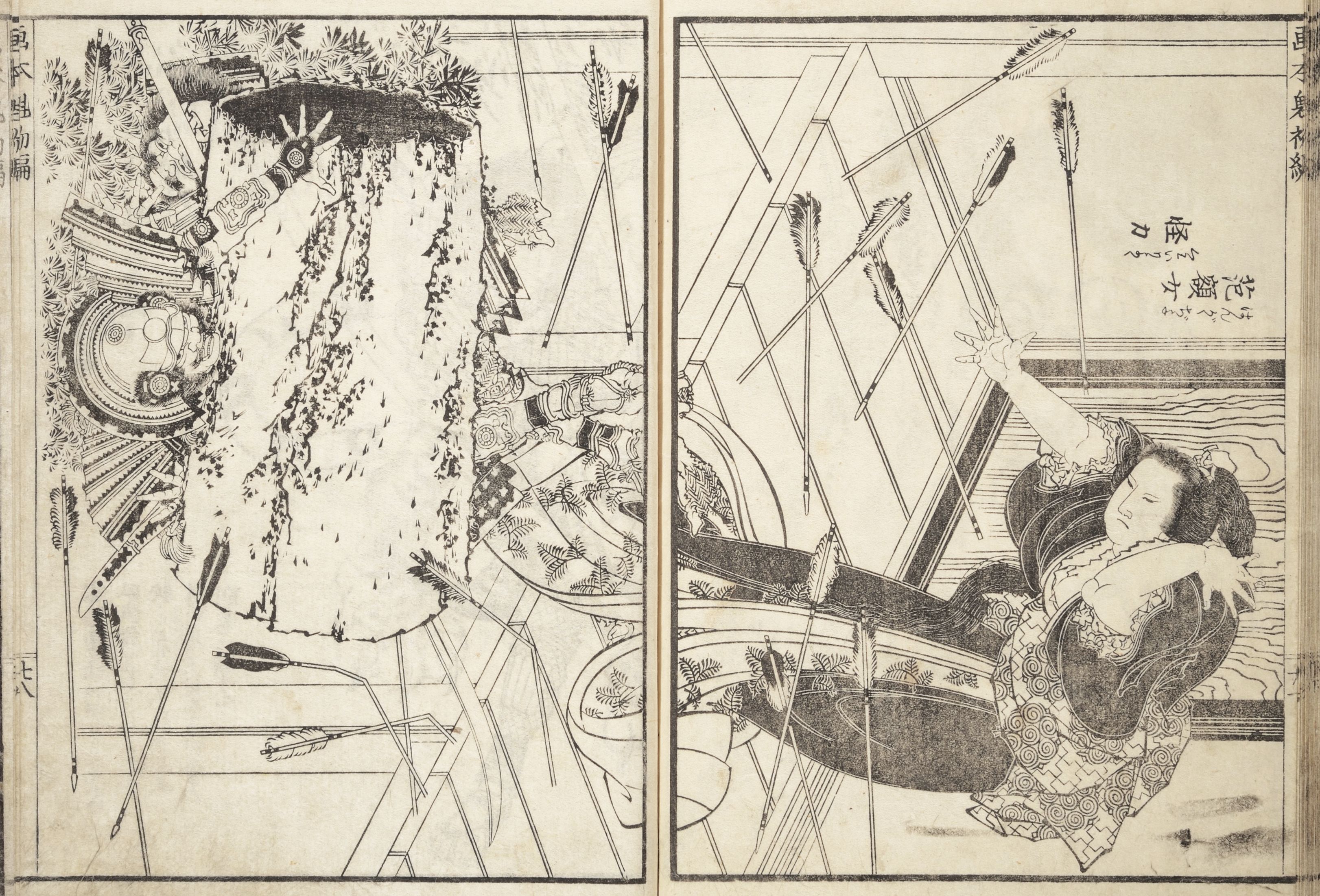 Two panels of a Japanese woodblock print depicting a battle scene. The left panel shows a heavily armored samurai surrounded by arrows, while the right panel shows a fallen figure in elaborate clothing pierced by arrows.