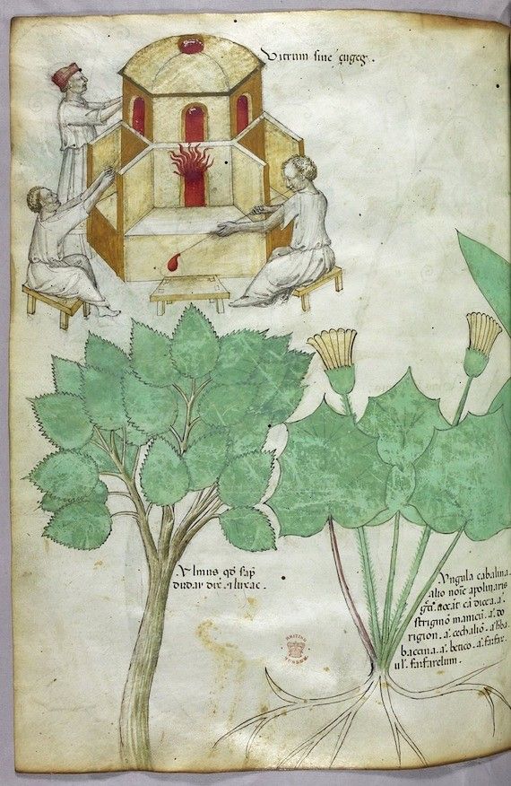 Medieval manuscript illustration of a ritual with two figures and a tower.