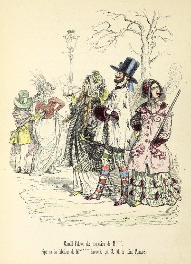 A vintage black and white illustration depicting a group of fashionable people in an outdoor setting, likely a park or promenade.