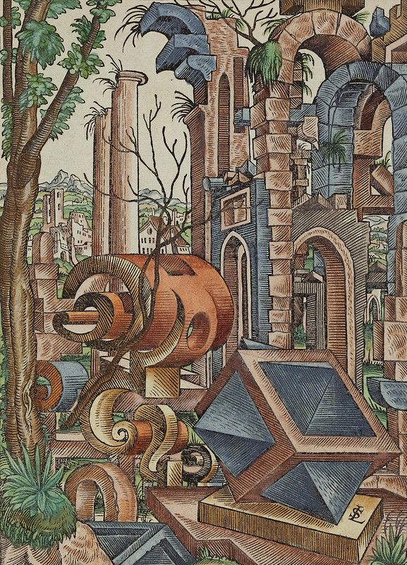 A detailed illustration of a ram standing amidst crumbling ruins and geometric structures. The scene is rendered in a stylized, woodcut-like manner with intricate line work and a limited color palette.