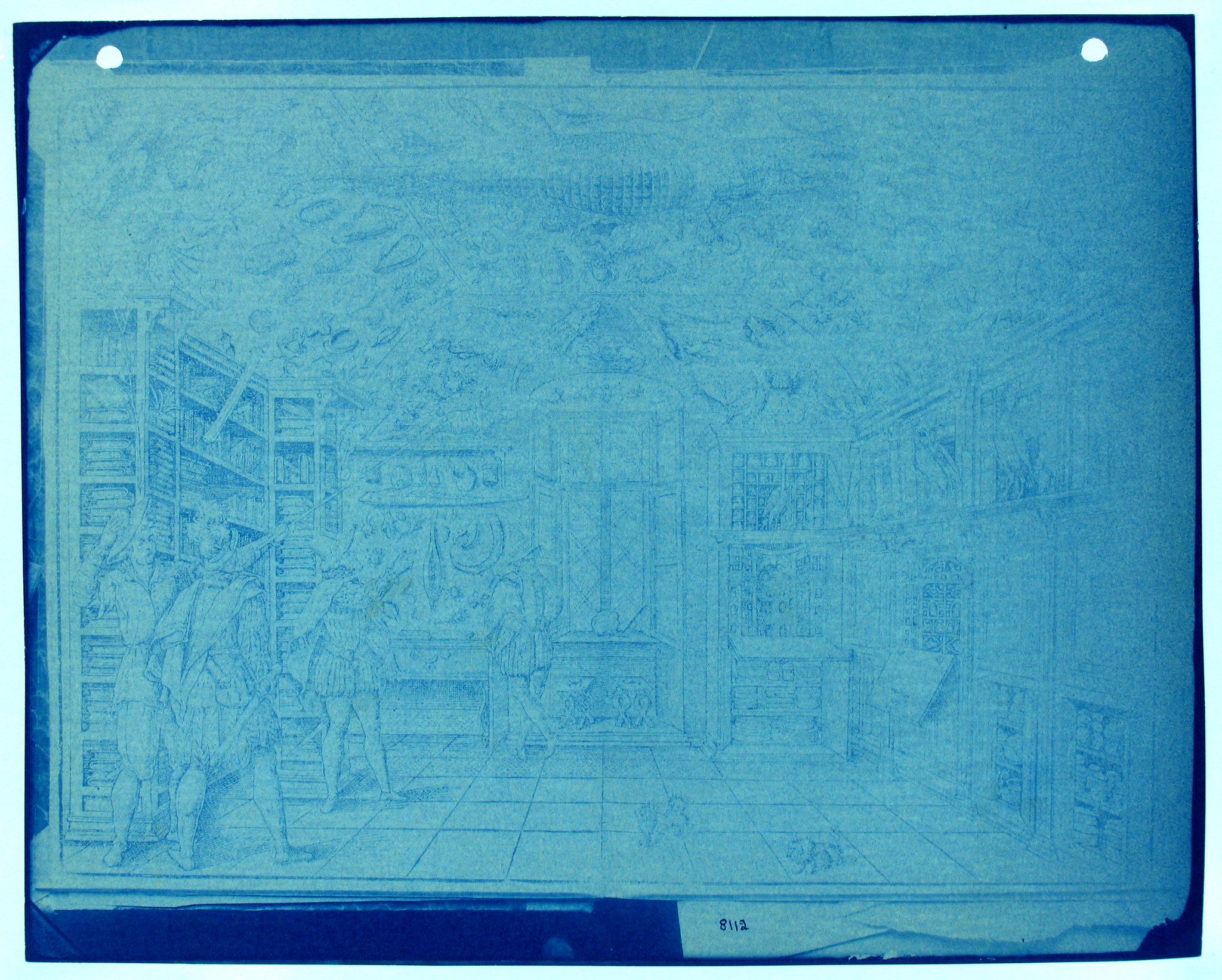 A light blue blueprint or drawing of an ancient Egyptian interior, filled with hieroglyphs, columns, and figures.