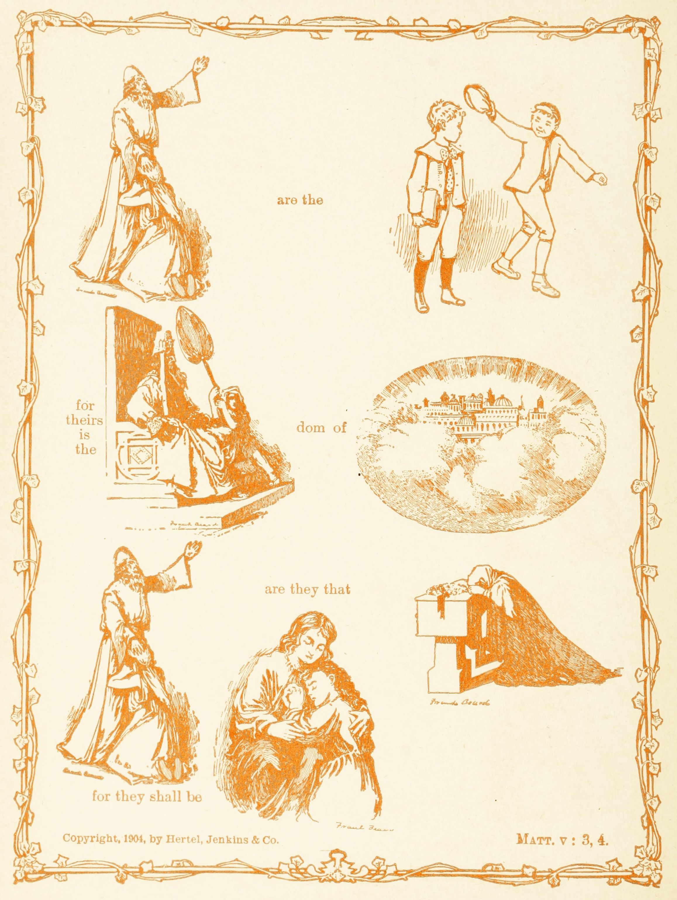 A vintage illustration with six panels depicting scenes of biblical or historical narratives, arranged in a grid-like pattern within an ornate frame.