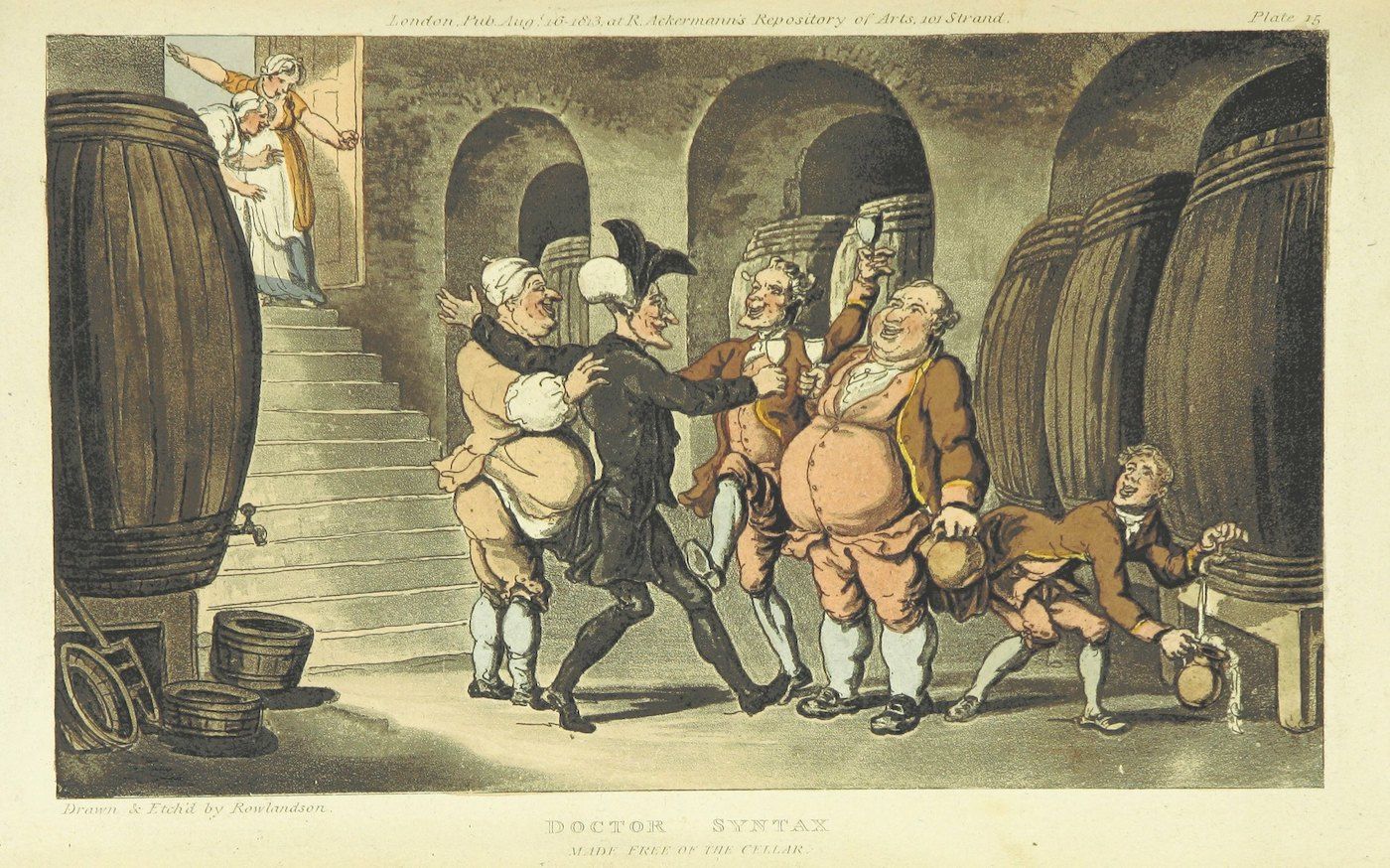 A hand-colored etching titled "Doctor Syntax Made Free of the Cellar." It depicts a scene within a wine cellar, with several figures engaged in a lively interaction.