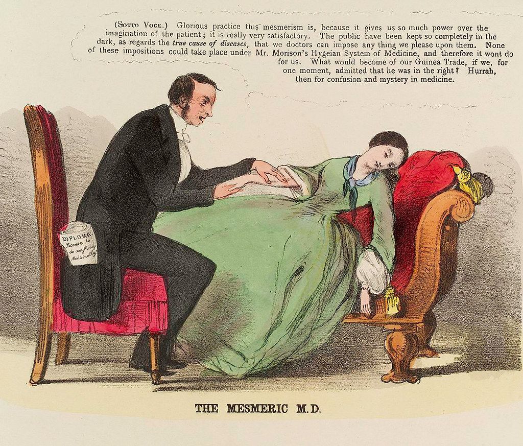 A satirical cartoon titled "The Mesmeric M.D." depicts a doctor practicing mesmerism on two female patients.