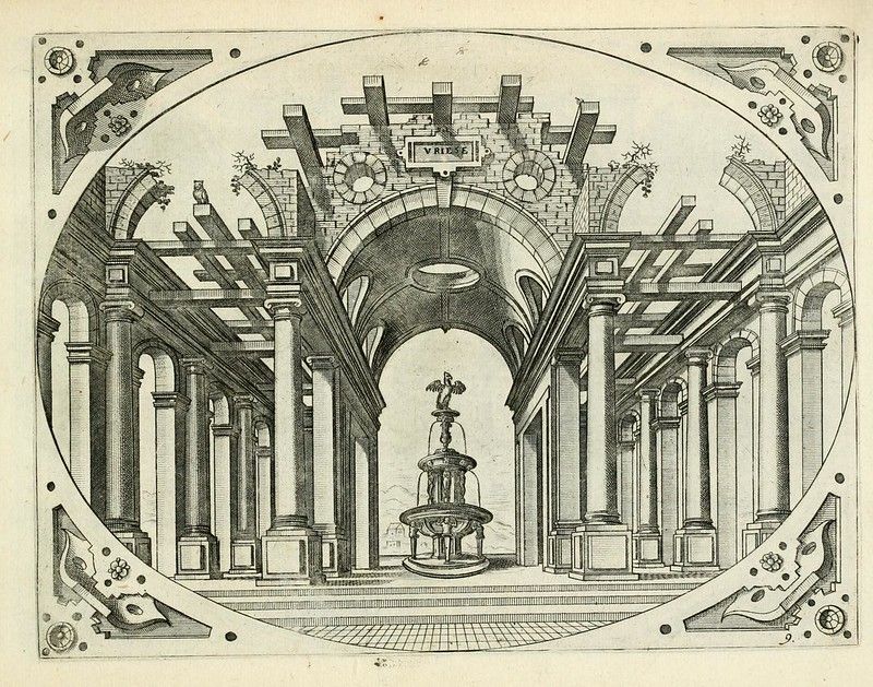 Detailed black and white engraving of an elaborate architectural space with a fountain, columns, arches, and ornate details, framed by an oval border.