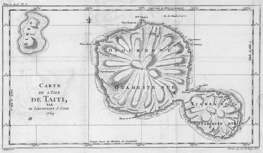 Vintage map of Tahiti by Lieutenant J. Cook, 1769, showing detailed topography and place names.