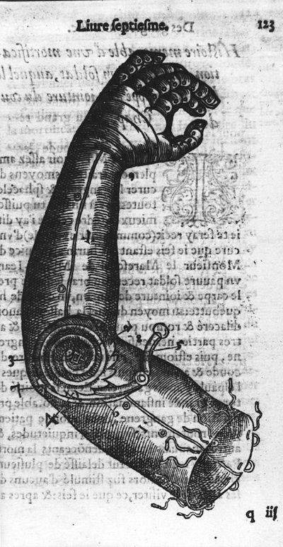 Vintage illustration of a curved horn-like object on a page of dense text.