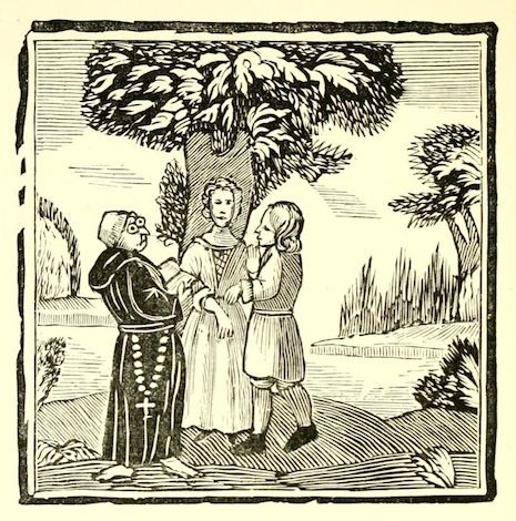 A black and white illustration of an old woman, a young woman, and a young man standing in a grassy landscape under a large tree.