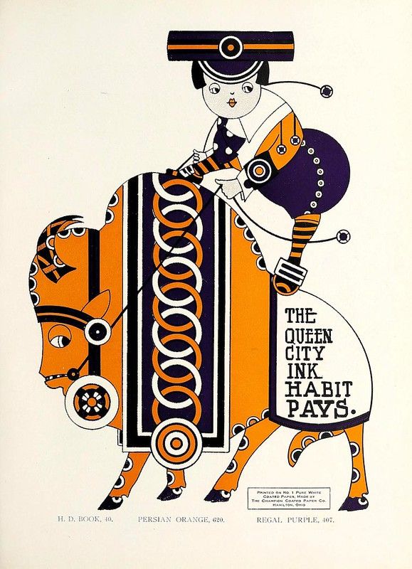 A vintage advertisement poster featuring a stylized illustration of a person riding a horse with bold geometric shapes and a limited color palette of black, orange, and white. The text reads "THE QUEEN CITY INK HABIT PAYS."