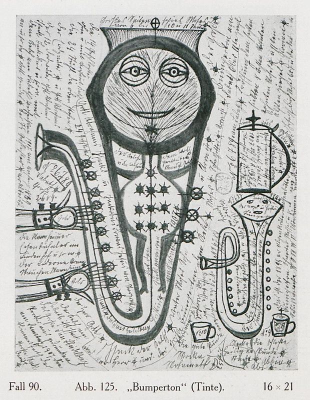 A black and white drawing of a face constructed from musical instruments, surrounded by handwritten text and small drawings of drinking glasses.