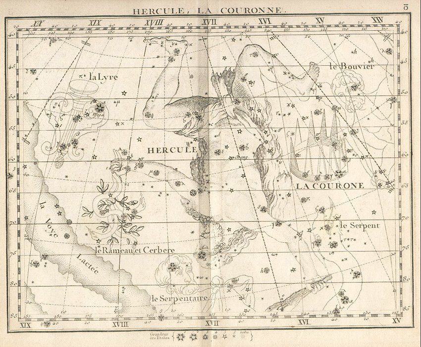 Vintage star chart titled "HERCULE, LA COURONNE" depicting constellations and stars.