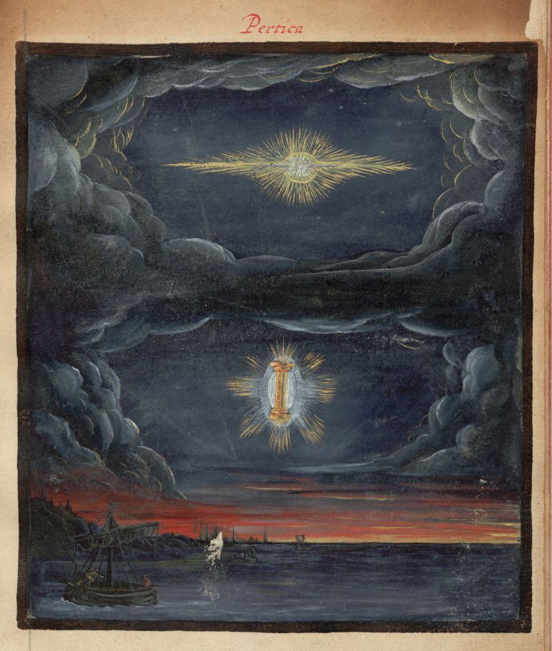A painting with a dark, dramatic atmosphere. The composition is divided into three distinct sections. The top section features a dark, swirling sky filled with ominous clouds. A bright, star-like light source is visible amidst the clouds, emitting rays of light. The middle section shows another light source, this one appearing as a glowing, elongated shape surrounded by a radiant halo. It seems to be descending from the sky. The bottom section depicts a body of water with several ships sailing on it. The horizon is a fiery red, suggesting a sunset or a dramatic event. The overall color palette is dominated by dark blues, grays, and reds, creating a sense of mystery and foreboding. The painting style is reminiscent of Baroque or Romantic art, with dramatic lighting and expressive brushstrokes. The word 'Pertica' is written in red at the top of the image.