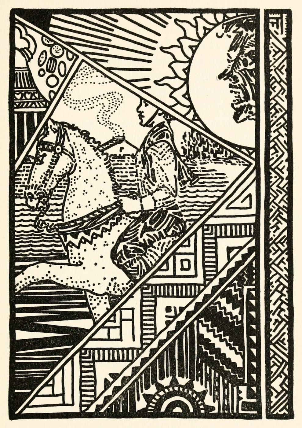 A black and white illustration in an Art Deco or Cubist style, depicting a person playing a stringed instrument amidst a fragmented landscape and a radiant sun.
