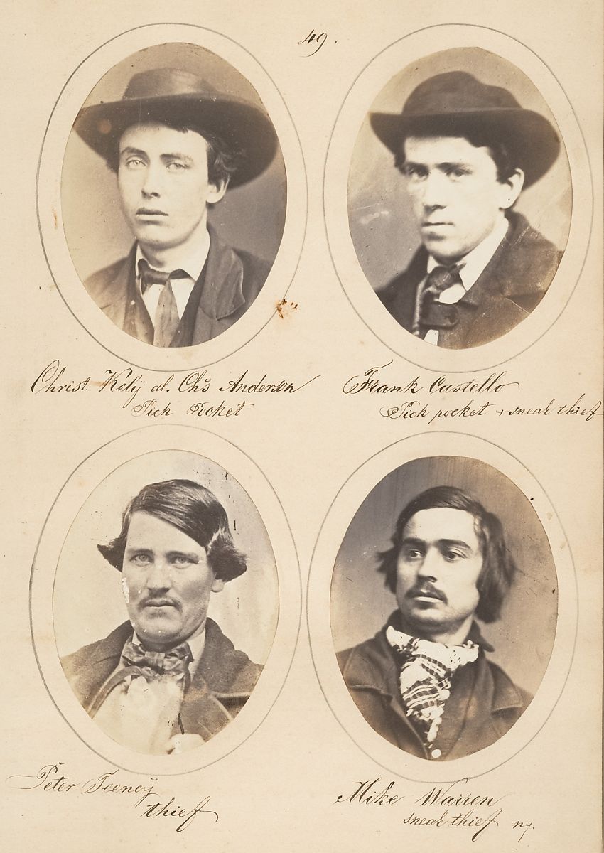 Four oval portraits of men labeled as thieves, arranged in a 2x2 grid. The portraits are sepia-toned and appear to be mugshots from the 19th century.