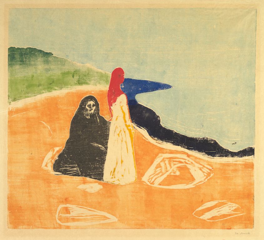 A woodcut print depicting two figures in a landscape. One figure is black and cloaked, the other is white with red hair. They stand on a reddish-orange ground with shell-like shapes, in front of a body of water and a pale green landscape.